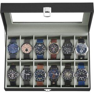 Watch Box, 12-Slot Watch Case Organizer with Large Glass Lid, Removable Pillows